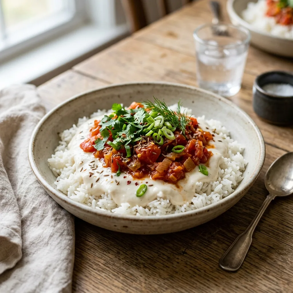 Arroz Branco com Molho de Iogurte de Coco e Tomate