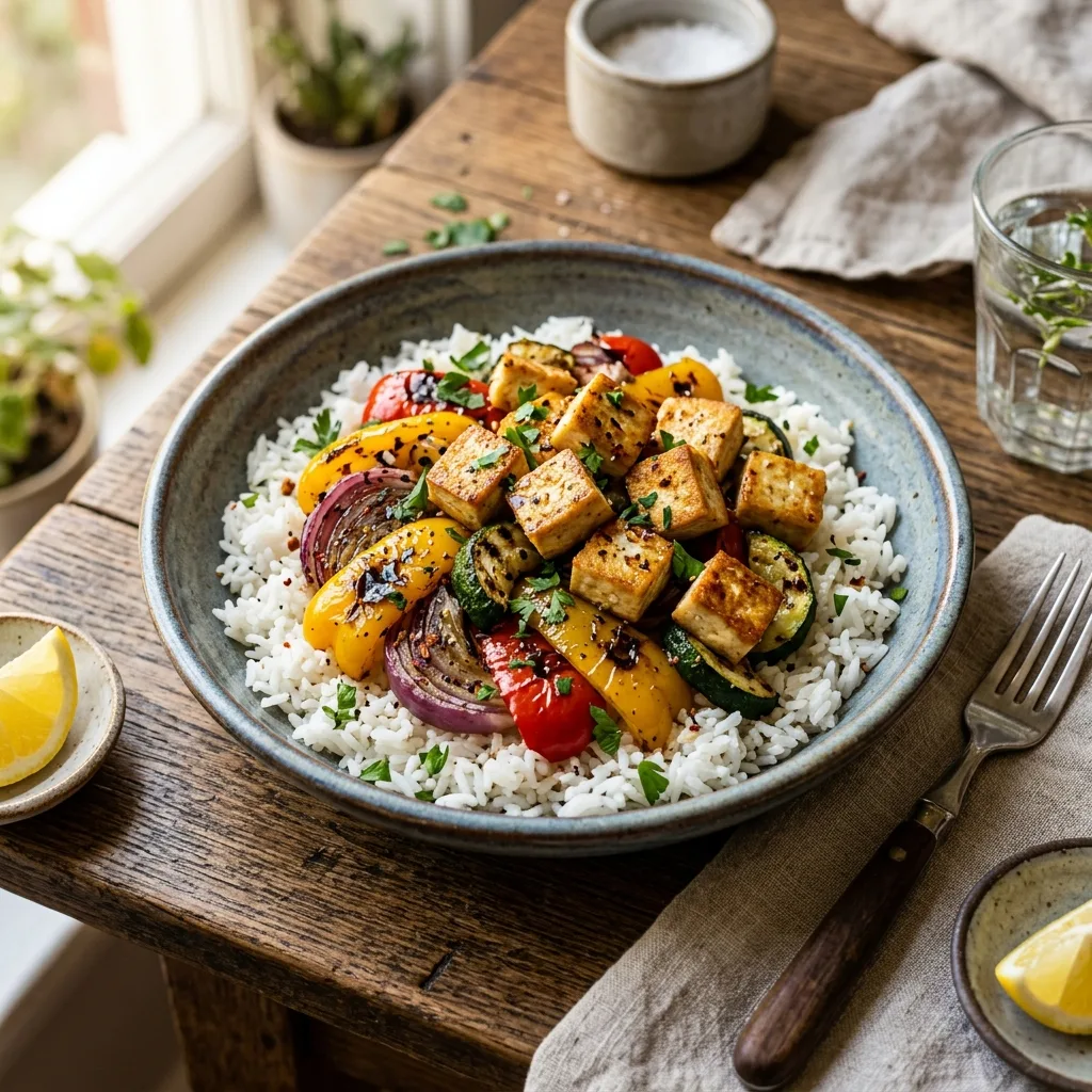 Arroz com Legumes e Tofu Grelhado