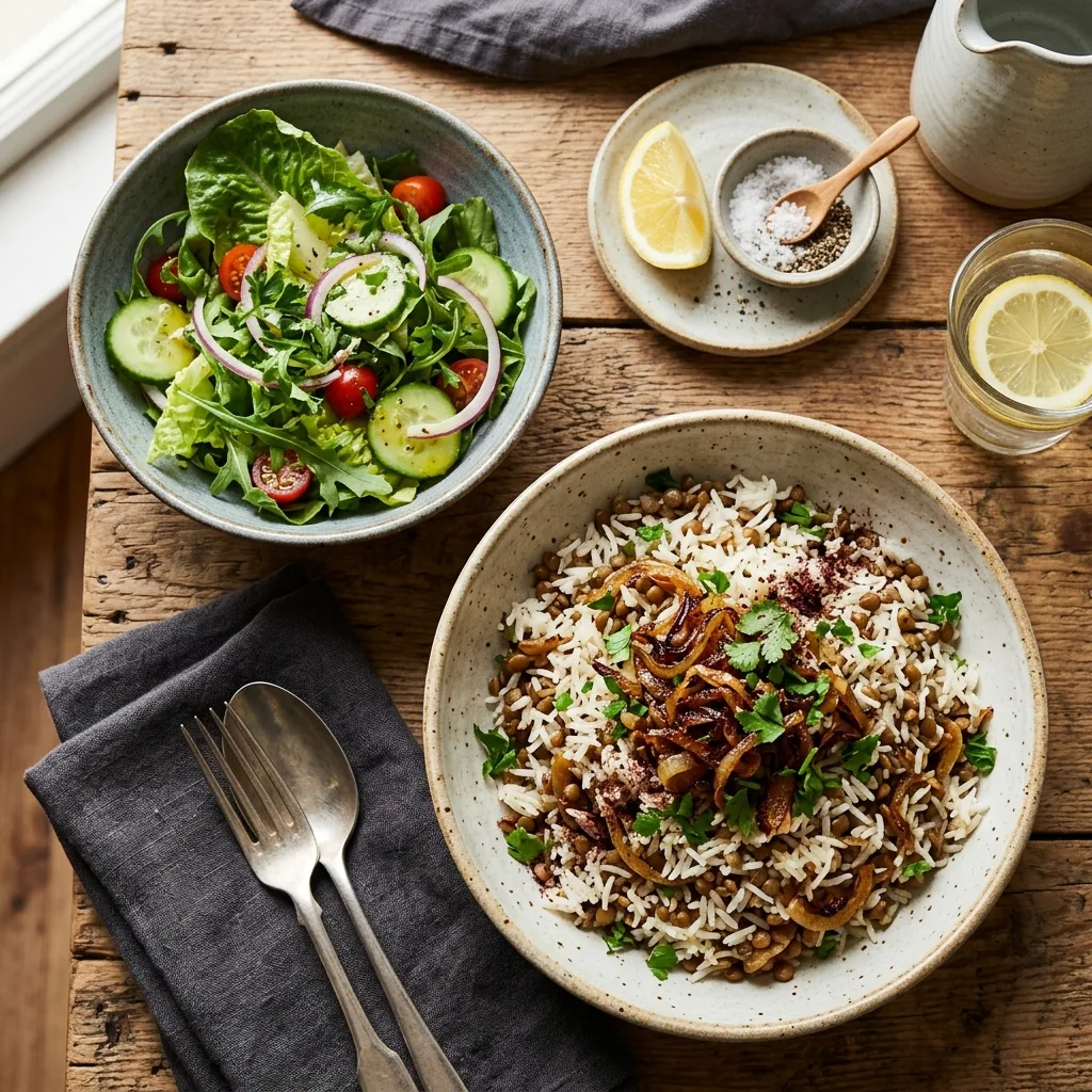 Arroz com Lentilha e Salada Verde