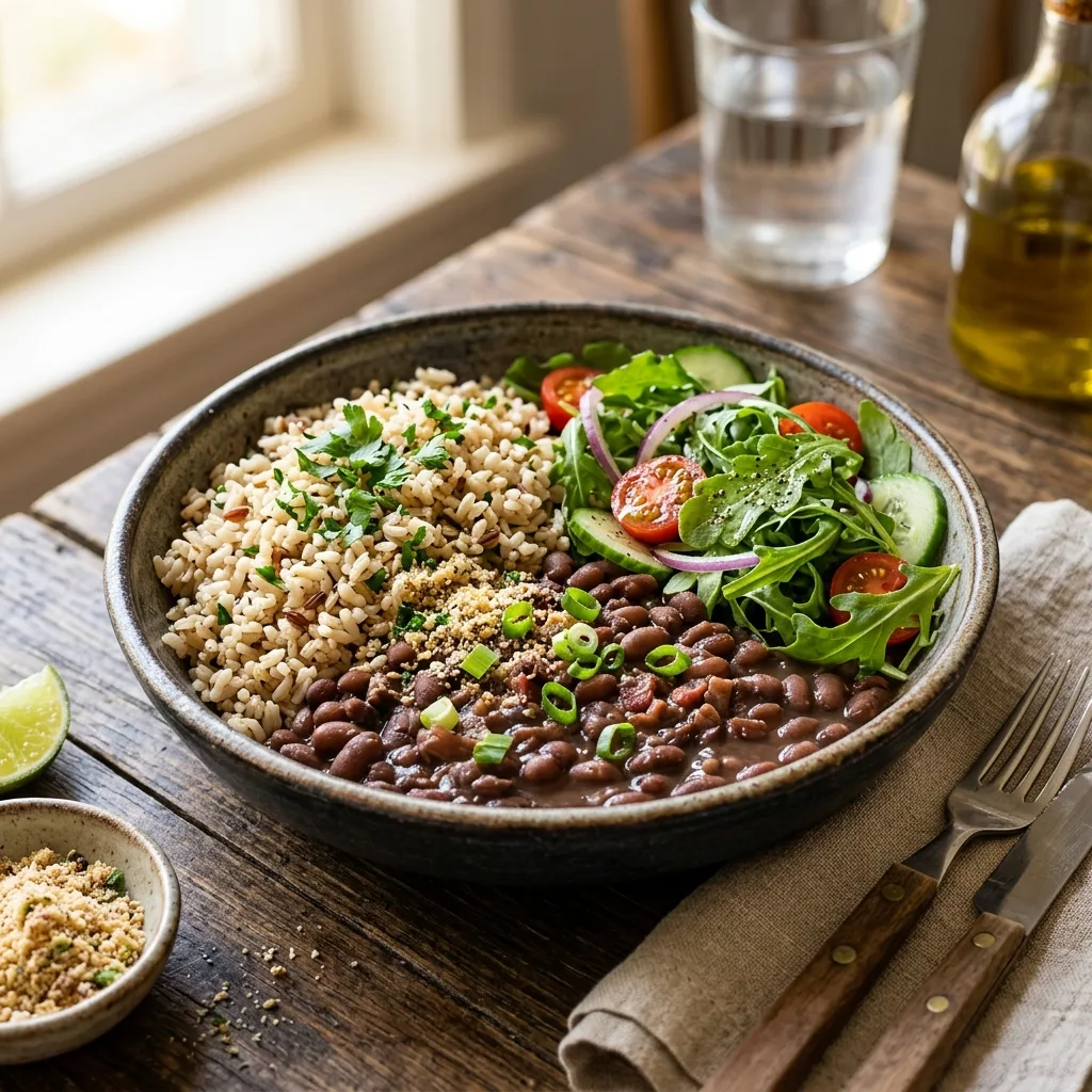 Arroz Integral com Feijão e Salada de Rúcula