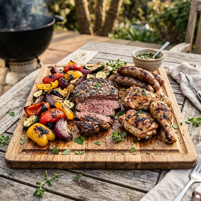 Carnes Assadas com Legumes na Churrasqueira