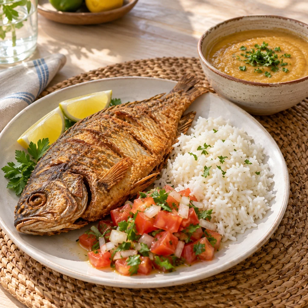 Peixe Frito com Arroz e Pirão